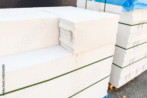 Aerated concrete blocks, gas blocks in the construction market on the street, bottom view.