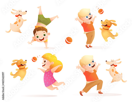 Children owners and dogs fetching ball, boy and girl dog owner training doggy, laughing and play chasing game. Kids and pets cartoon illustration set. Isolated vector clipart for children.