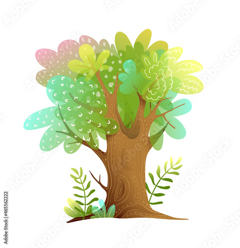 Leafy green tree isolated clipart cartoon for children design. Kids fairytale watercolor style mystery illustration. Isolated forest clipart for children vector design.