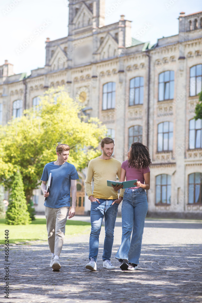 Obraz premium Three sudents walking in the college yard and talking
