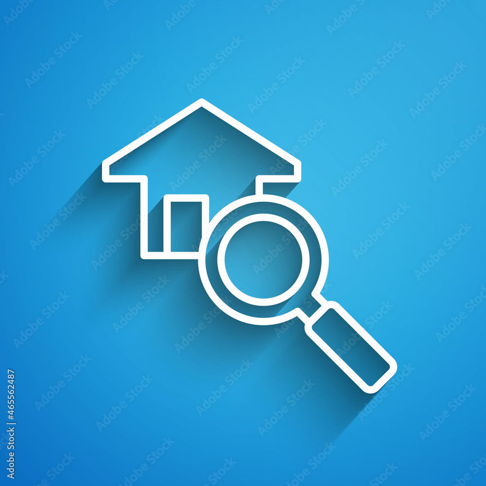 White line Search house icon isolated on blue background. Real estate symbol of a house under magnifying glass. Long shadow. Vector White line Search house icon isolated on blue background. Real estate symbol of a house under magnifying glass. Long shadow. Vector