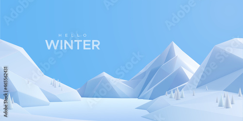 Hello Winter sign with snow mountains landscape and light blue sky. Outdoor nature background.