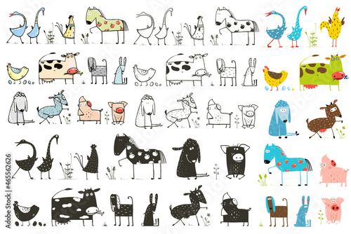Fototapeta Naklejka Na Ścianę i Meble -  Brightly Colored and outlined Fun Cartoon Farm Domestic Animals Collection for Kids. Funny Simple animals for coloring pages. Vector hand drawn illustration.