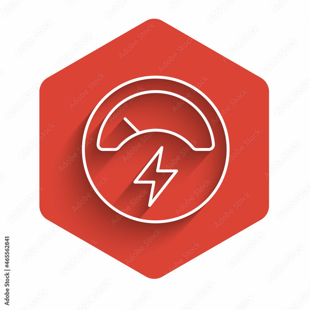 White line Ampere meter, multimeter, voltmeter icon isolated with long shadow background. Instruments for measurement of electric current. Red hexagon button. Vector White line Ampere meter, multimeter, voltmeter icon isolated with long shadow background. Instruments for measurement of electric current. Red hexagon button. Vector