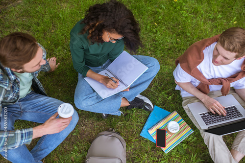 A group of young people sitting on the grass and getting ready for the exams