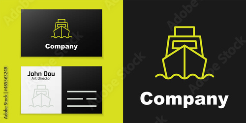 Logotype line Cargo ship with boxes delivery service icon isolated on black background. Delivery, transportation. Freighter with parcels, boxes, goods. Logo design template element. Vector