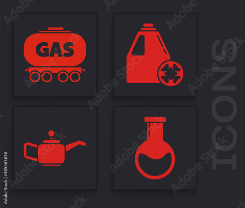 Set Test tube and flask, Gas railway cistern, Antifreeze canister and Canister for motor machine oil icon. Vector