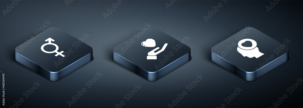 Set Isometric Gender, Head with heart and Heart in hand icon. Vector Set Isometric Gender, Head with heart and Heart in hand icon. Vector