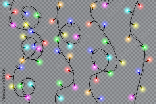 Set of christmas lights isolated realistic design elements. Glowing lights for Xmas Holiday cards, banners, posters, web design. Garlands decorations. Vector illustration.