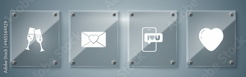 Set Heart, Mobile with heart, Envelope Valentine and Glass of champagne. Square glass panels. Vector