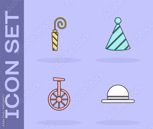 Set Clown hat, Birthday party horn, Unicycle one wheel bicycle and Party icon. Vector