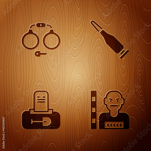 Set Suspect criminal, Handcuffs, Grave with tombstone and Bullet on wooden background. Vector