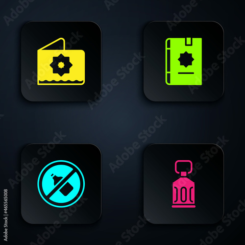 Set Ramadan Kareem lantern, Octagonal star, No alcohol and Holy book of Koran. Black square button. Vector