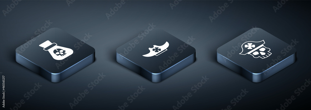 Set Isometric Pirate coin, captain and hat icon. Vector Set Isometric Pirate coin, captain and hat icon. Vector