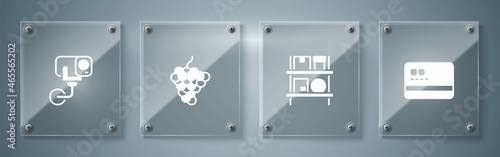 Set Credit card, Warehouse interior with boxes, Grape fruit and Security camera. Square glass panels. Vector