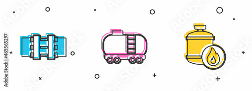 Set Metallic pipes and valve, Oil railway cistern and Propane gas tank icon. Vector
