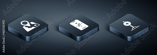 Set Isometric Folded map with location marker, Location cross hospital and Compass mobile icon. Vector