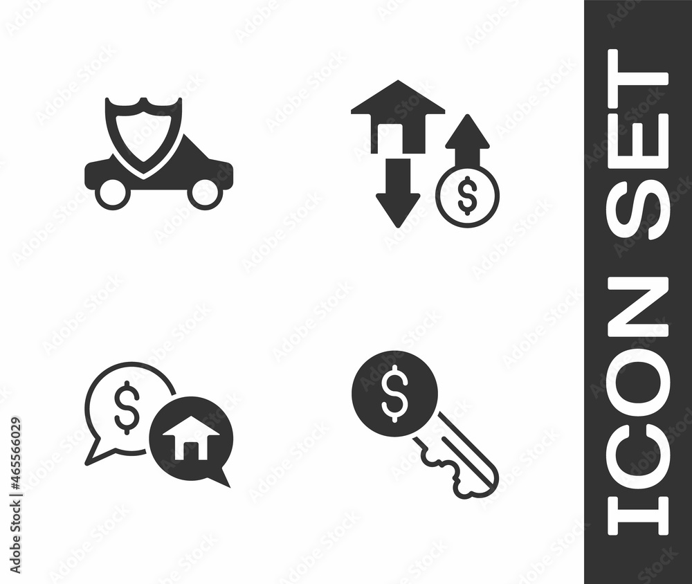 Set Rent key, Car with shield, Price negotiation and House dollar icon. Vector Set Rent key, Car with shield, Price negotiation and House dollar icon. Vector