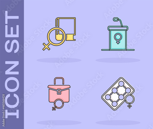 Set Packaging of birth control pills, Book about women, Work for female and Debate podium rostrum icon. Vector