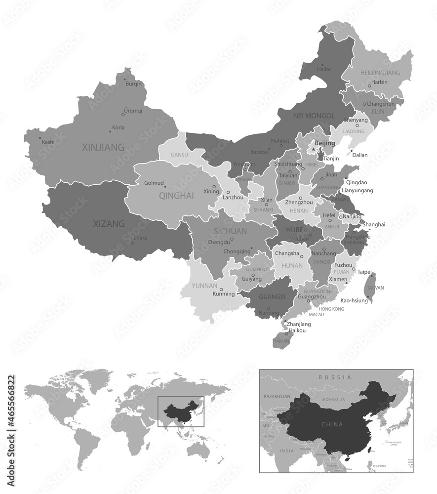 China - highly detailed black and white map.