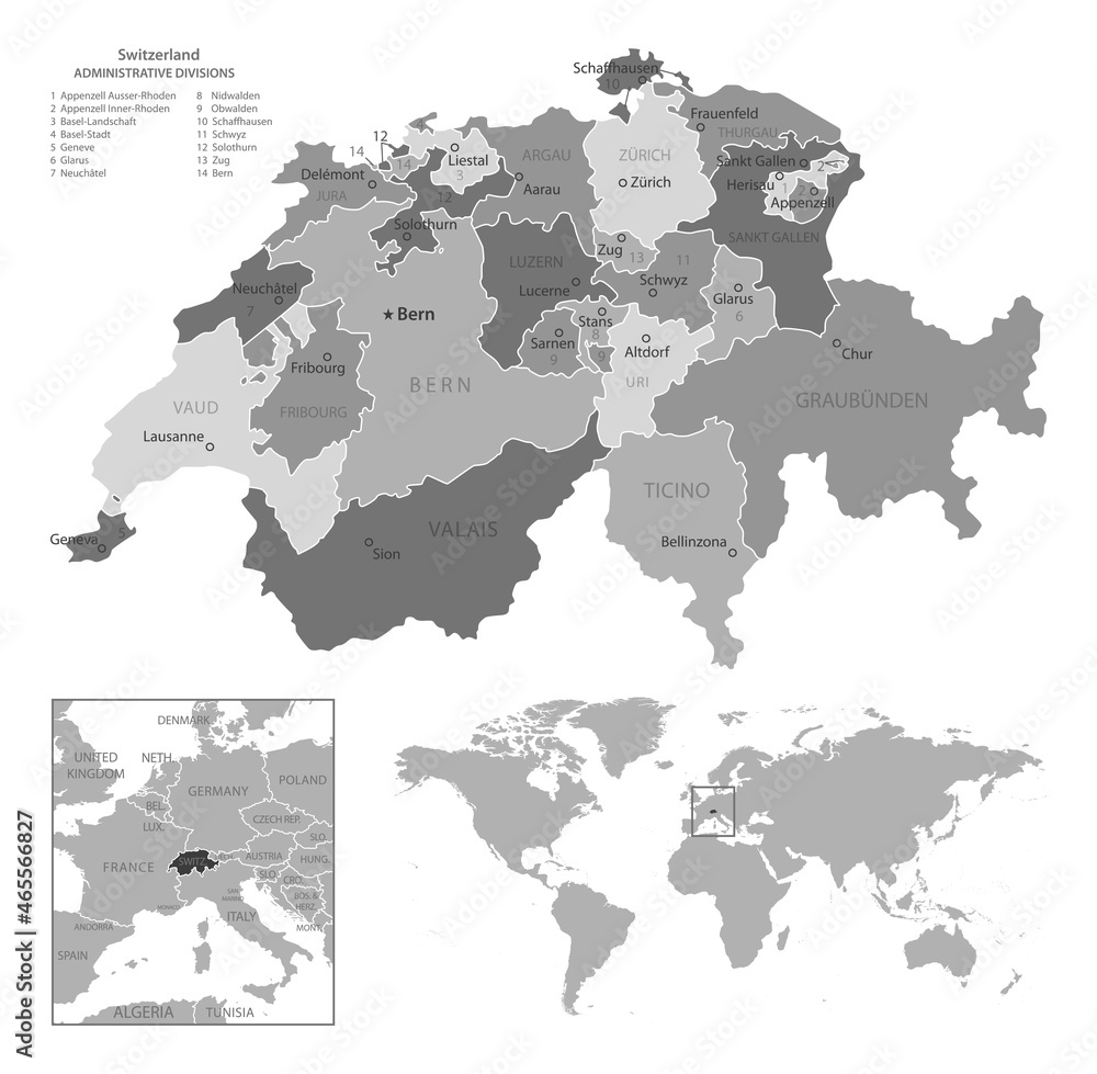 Fototapeta premium Switzerland - highly detailed black and white map.