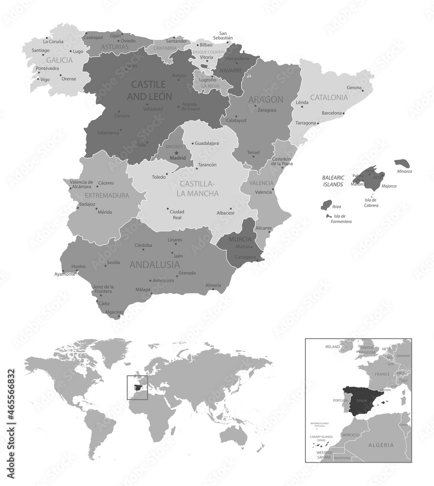 Spain - highly detailed black and white map.