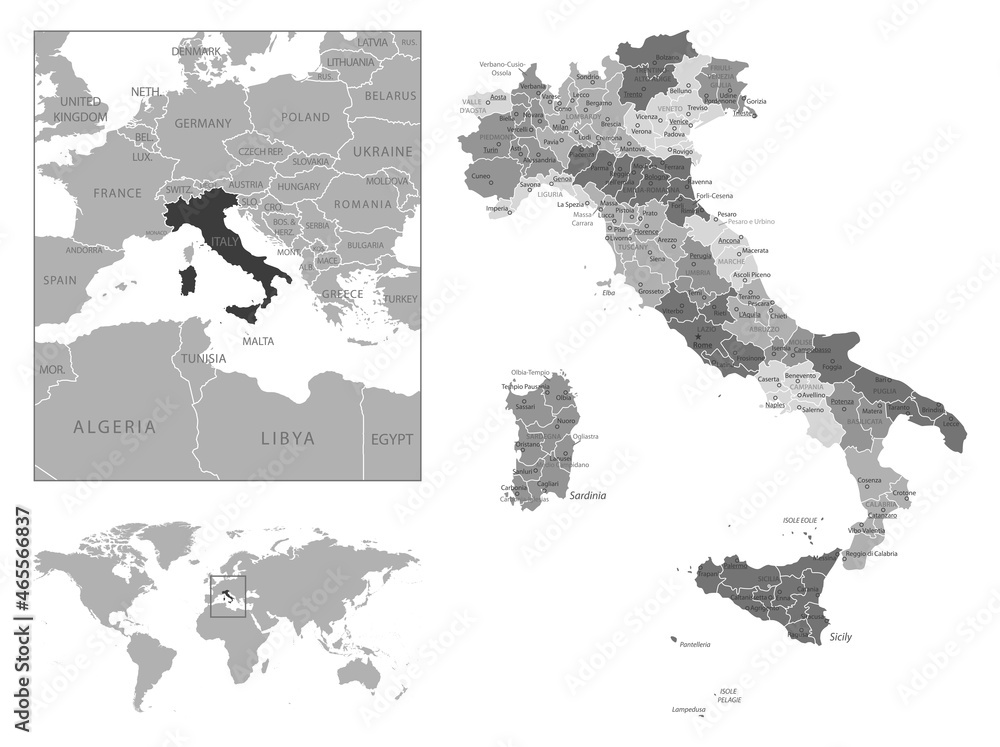 Italy - highly detailed black and white map.