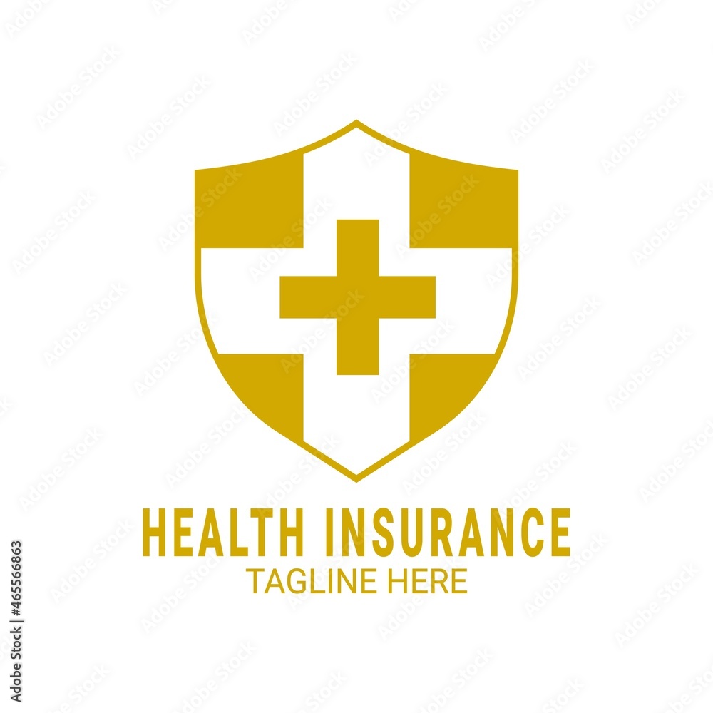 Obraz premium Vector illustration of a shield in gold color with a cross icon in the middle in a flat design style. Suitable for health insurance logos, clinic, hospital, medical devices, etc.