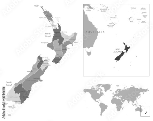 New Zealand - highly detailed black and white map.