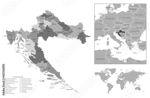 Croatia - highly detailed black and white map.