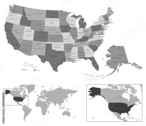 United States of America - highly detailed black and white map.