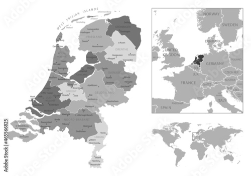 Netherlands - highly detailed black and white map.