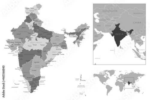 India - highly detailed black and white map.