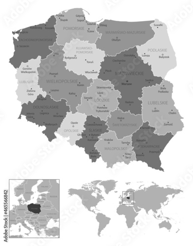 Poland - highly detailed black and white map.