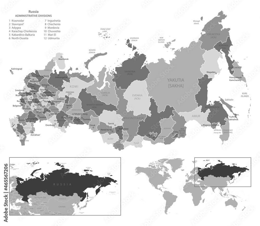 Fototapeta premium Russian Federation - highly detailed black and white map.