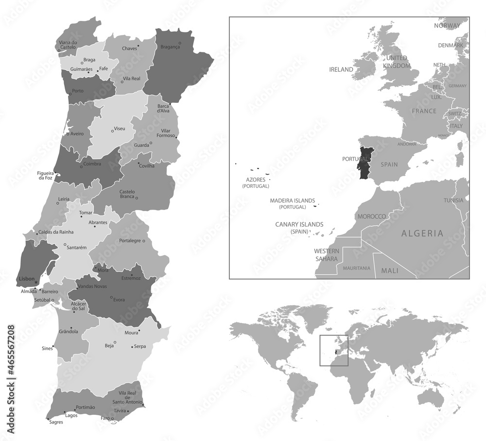 Portugal - highly detailed black and white map.