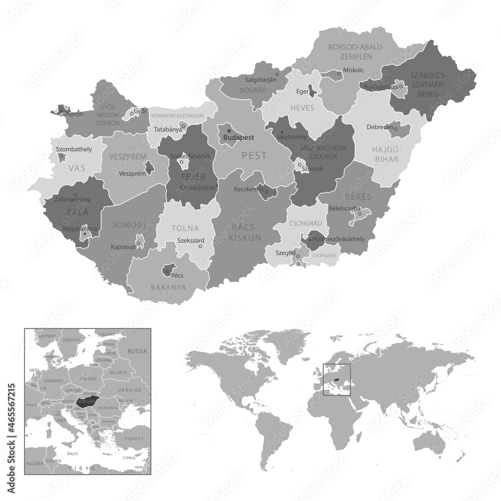 Obraz premium Hungary - highly detailed black and white map.