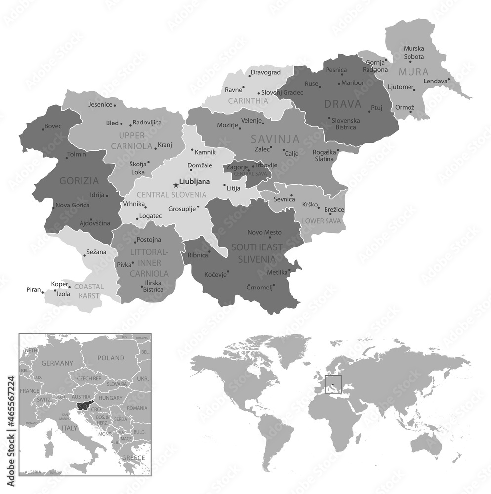 Slovenia - highly detailed black and white map.
