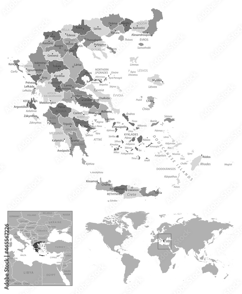 Fototapeta premium Greece - highly detailed black and white map.
