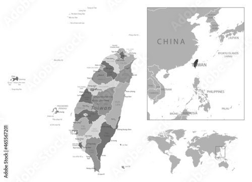 Taiwan - highly detailed black and white map.