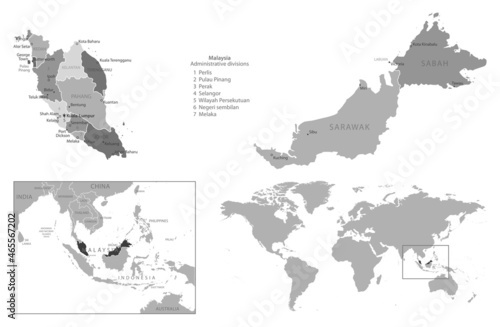 Malaysia - highly detailed black and white map.