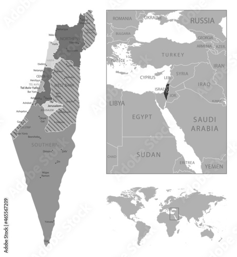 Israel - highly detailed black and white map.