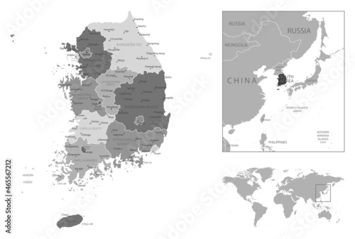 South Korea - highly detailed black and white map.