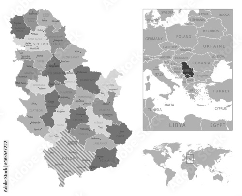 Serbia - highly detailed black and white map.
