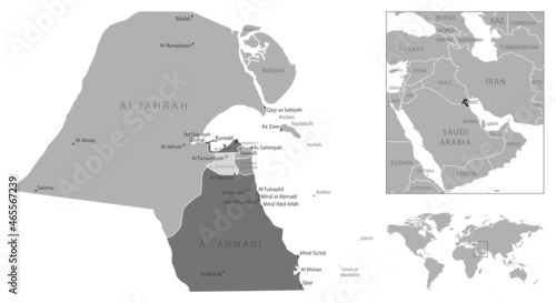 Kuwait - highly detailed black and white map.