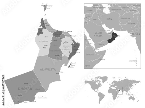 Oman - highly detailed black and white map.