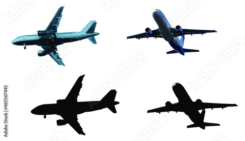 Passenger airliners from different angles and their silhouettes. Aircraft set isolated on white background. Illustration. Vector.