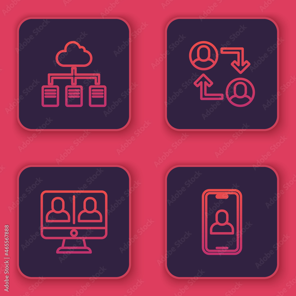 Set line Online working, Video chat conference, Project team base and . Blue square button. Vector Set line Online working, Video chat conference, Project team base and . Blue square button. Vector