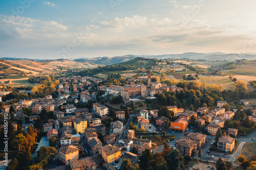 Aerial view of Castelvetro village. Modena Italy. © Polonio Video