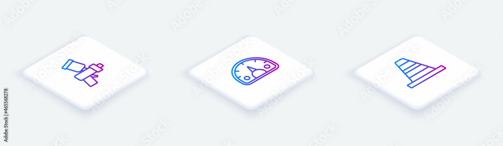 Set Isometric line Paint spray gun, Speedometer and Traffic cone. White square button. Vector Set Isometric line Paint spray gun, Speedometer and Traffic cone. White square button. Vector